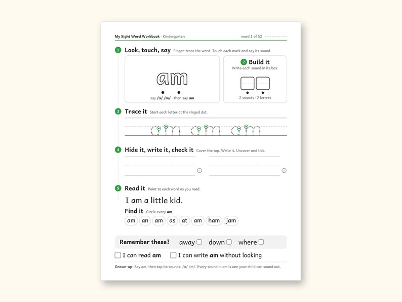 Sight Word Worksheets | Kindergarten Dolch Workbook for Ages 5-6 (Digital PDF): sample page 7 of 69