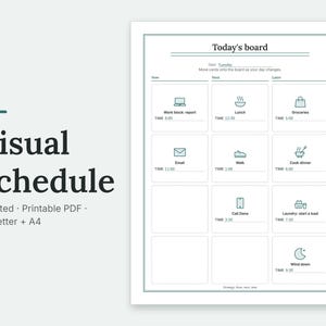 Visual Schedule: the Today's board page filled in with sample entries, shown large on a plain background. Undated, Printable PDF, US Letter + A4.