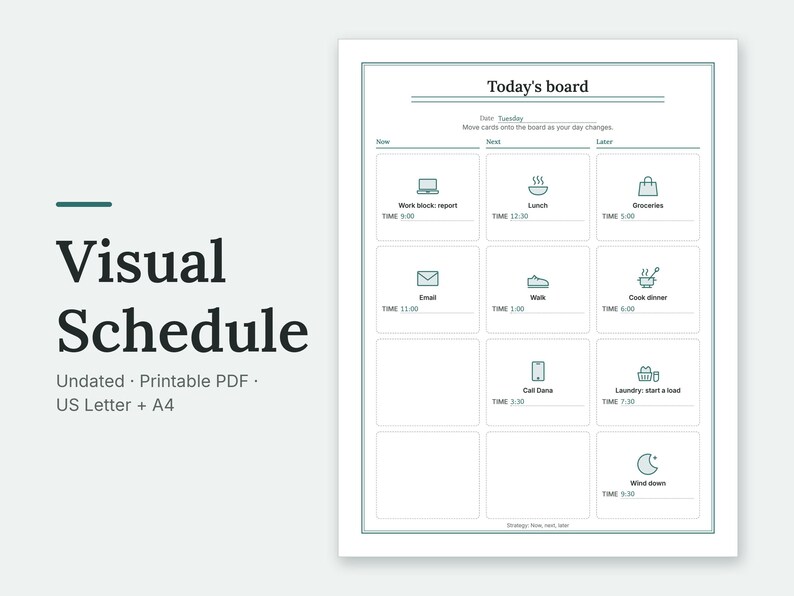 Visual Schedule: the Today's board page filled in with sample entries, shown large on a plain background. Undated, Printable PDF, US Letter + A4.