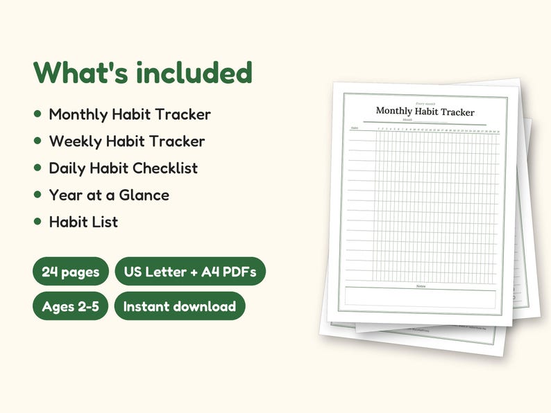 Habit Tracker | Undated Monthly and Weekly Grids for Home Use (Digital PDF): what's included -- 24 pages, US Letter + A4 PDFs, Ages 2-5, Instant download