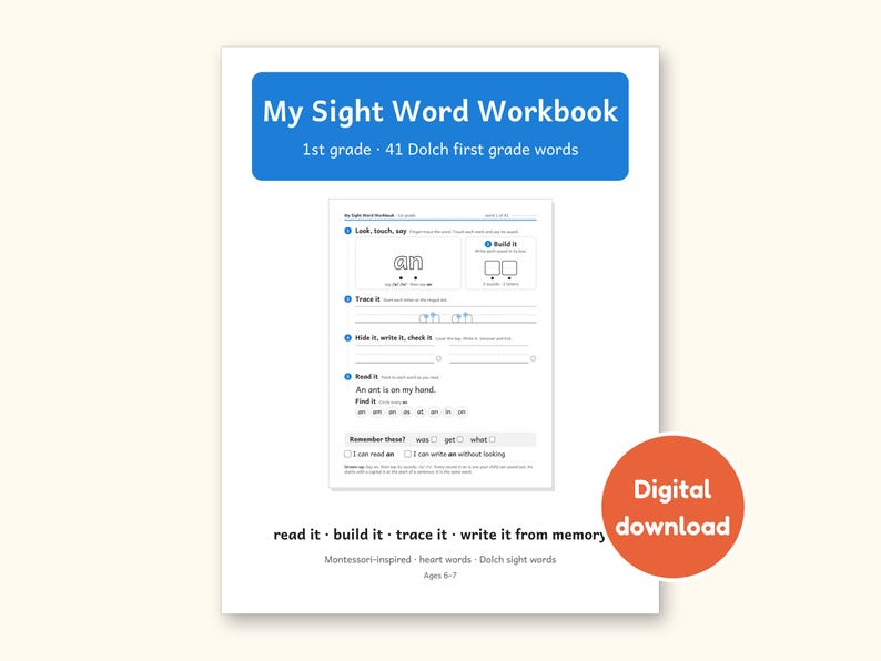 Sight Word Worksheets | 1st Grade Dolch Workbook for Ages 6-7 (Digital PDF): cover of the printable PDF, a digital download