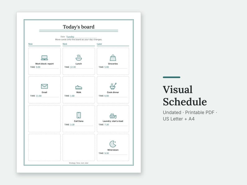 The Today's board page of the Visual Schedule, filled in with sample entries.