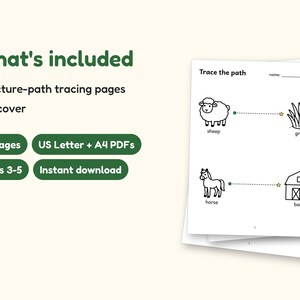 Tracing Worksheets | Farm Animals Pre-Writing Paths for Preschool (Digital PDF): what's included -- 12 pages, US Letter + A4 PDFs, Ages 3-5, Instant download