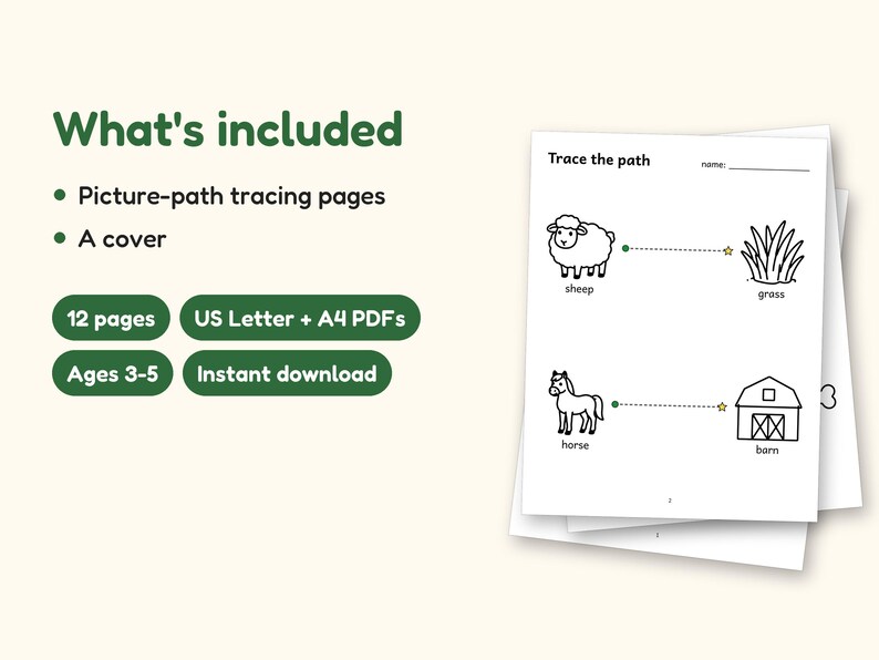 Tracing Worksheets | Farm Animals Pre-Writing Paths for Preschool (Digital PDF): what's included -- 12 pages, US Letter + A4 PDFs, Ages 3-5, Instant download