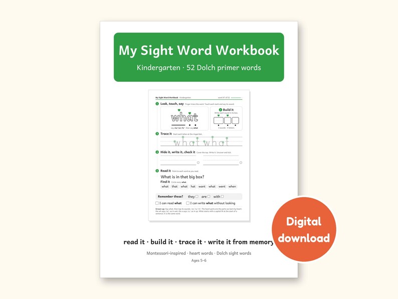 Sight Word Worksheets | Kindergarten Dolch Workbook for Ages 5-6 (Digital PDF): cover of the printable PDF, a digital download