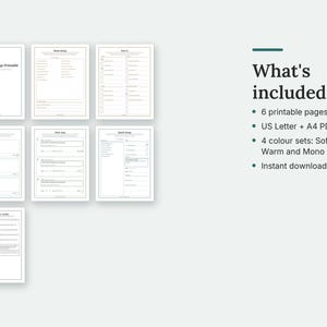 What's included in the ADHD Brain Dump: thumbnails of every page. 6 printable pages; US Letter + A4 PDFs; 4 colour sets: Soft, Sage, Warm and Mono; Instant download.
