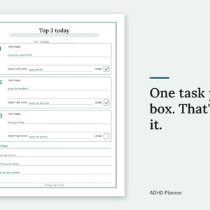 One task per box. That's it. The Top 3 today page of the ADHD Planner, filled in with sample entries.