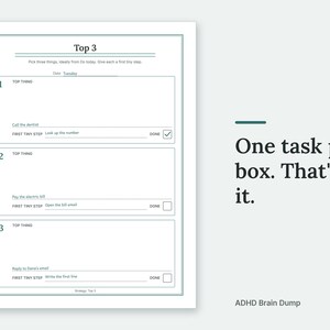 One task per box. That's it. The Top 3 page of the ADHD Brain Dump, filled in with sample entries.