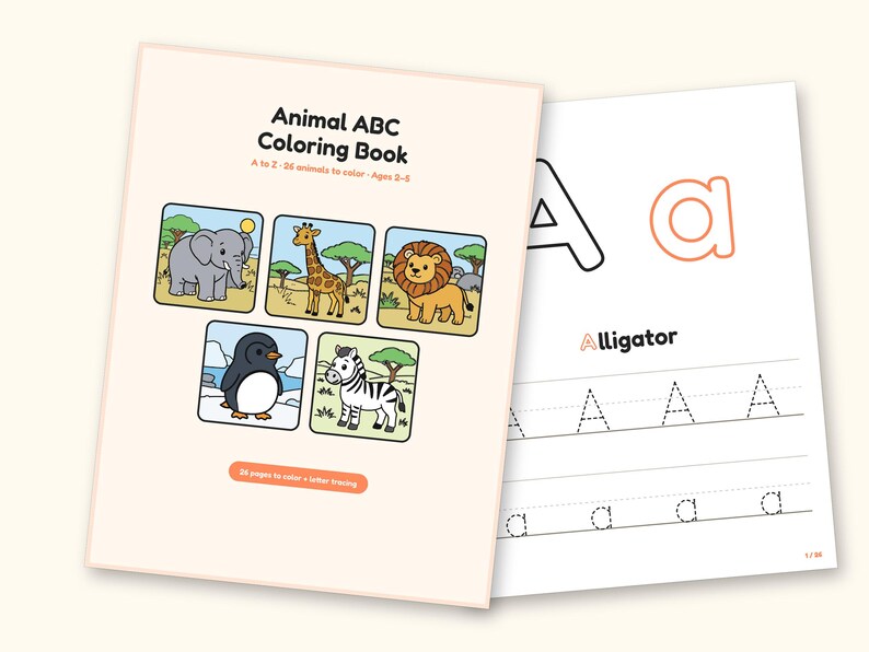 Animal ABC Coloring Book | Letter Tracing for Kids Ages 2-5 (Digital PDF): cover and an inside page
