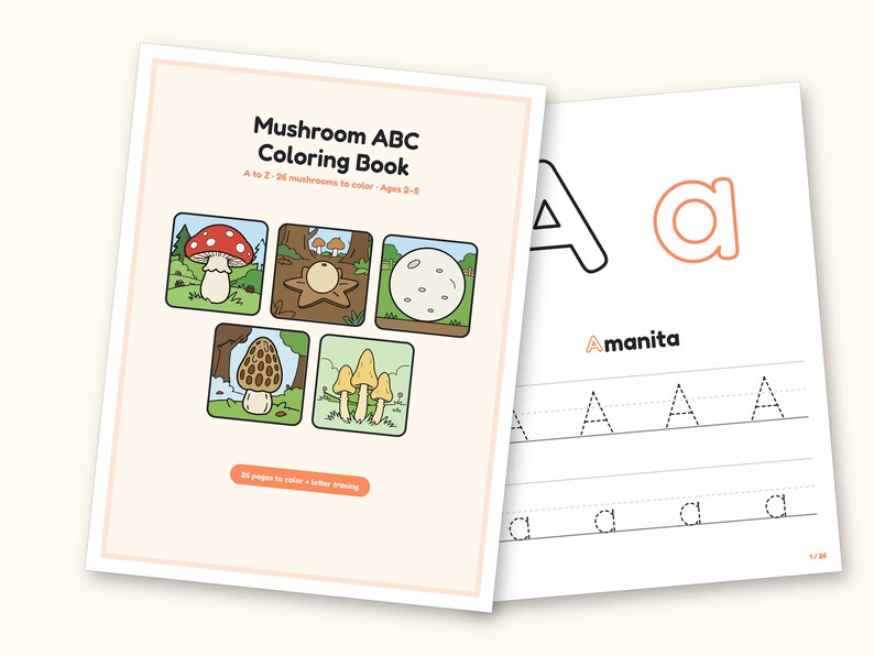 Mushroom Coloring Pages | ABC Letter Tracing for Kids Ages 2-5 (Digital PDF): cover and an inside page