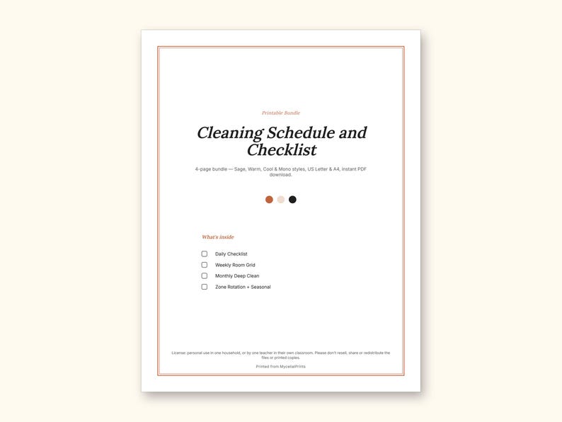 Cleaning Schedule | Daily Checklist and Weekly Room Grid (PDF + Excel): sample page 6 of 20