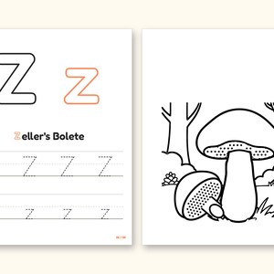 Mushroom Coloring Pages | ABC Letter Tracing for Kids Ages 2-5 (Digital PDF): pages 53 and 54 side by side
