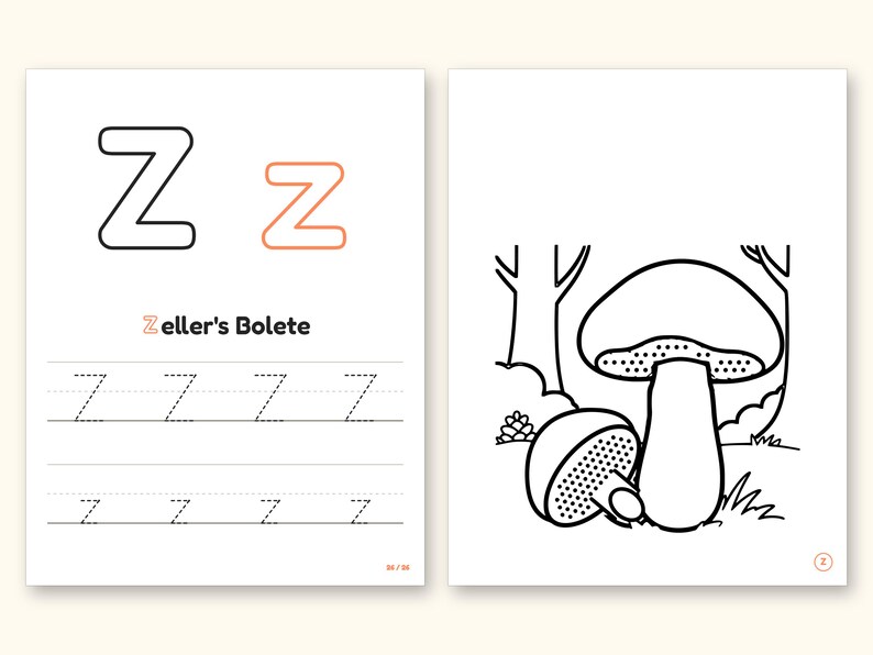 Mushroom Coloring Pages | ABC Letter Tracing for Kids Ages 2-5 (Digital PDF): pages 53 and 54 side by side