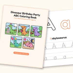 Dinosaur Party ABC Coloring Book | Letter Tracing for Toddlers (Digital PDF): cover and an inside page