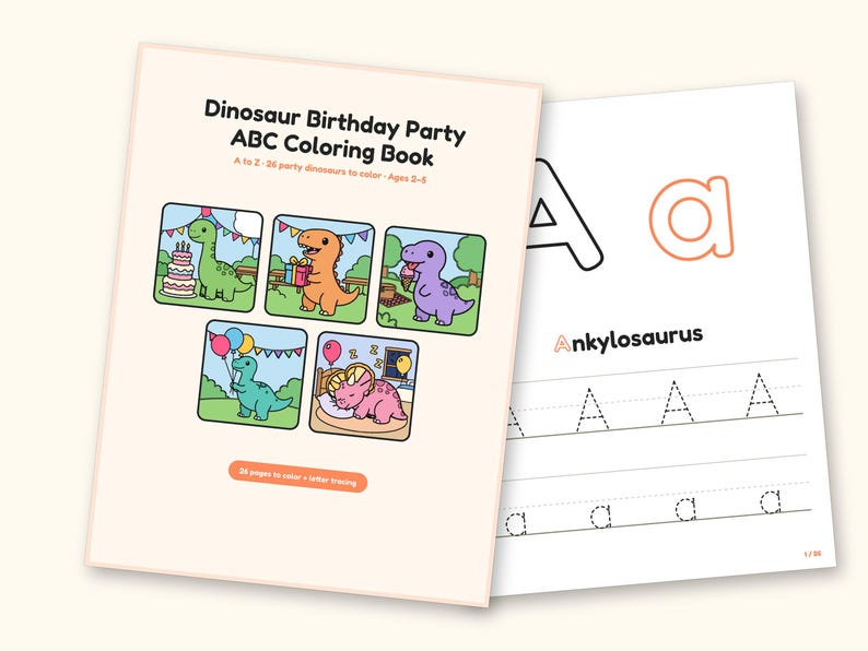 Dinosaur Party ABC Coloring Book | Letter Tracing for Toddlers (Digital PDF): cover and an inside page