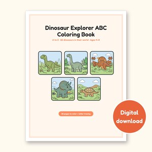 Dinosaur Coloring Pages | Detailed Scenes ABC Tracing for Ages 4-8 (Digital PDF): cover of the printable PDF, a digital download