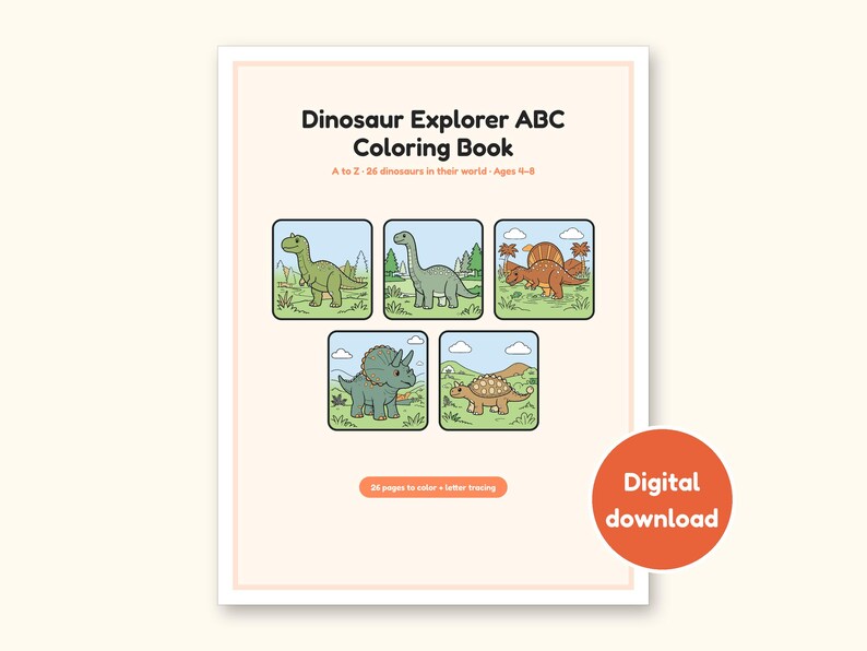 Dinosaur Coloring Pages | Detailed Scenes ABC Tracing for Ages 4-8 (Digital PDF): cover of the printable PDF, a digital download