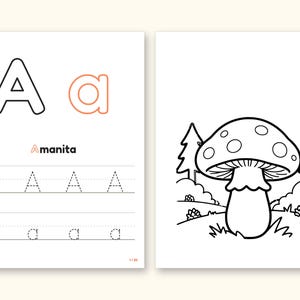 Mushroom Coloring Pages | ABC Letter Tracing for Kids Ages 2-5 (Digital PDF): pages 3 and 4 side by side
