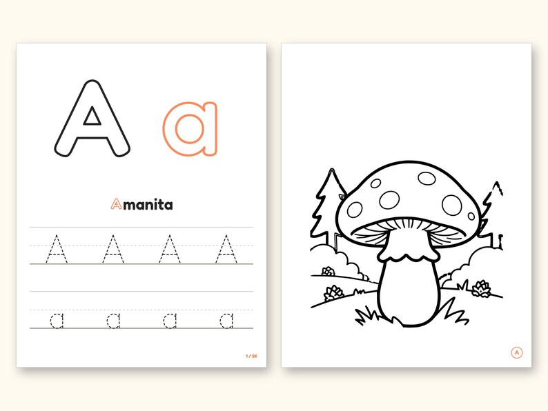 Mushroom Coloring Pages | ABC Letter Tracing for Kids Ages 2-5 (Digital PDF): pages 3 and 4 side by side
