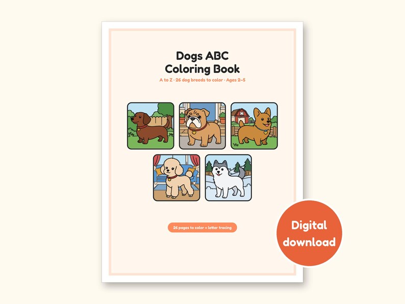 Dog Coloring Pages | ABC Letter Tracing for Kids Ages 2-5 (Digital PDF): cover of the printable PDF, a digital download