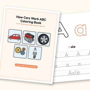 Car Coloring Pages | ABC Letter & Word Tracing for Kids Ages 4-8 (Digital PDF): cover and an inside page