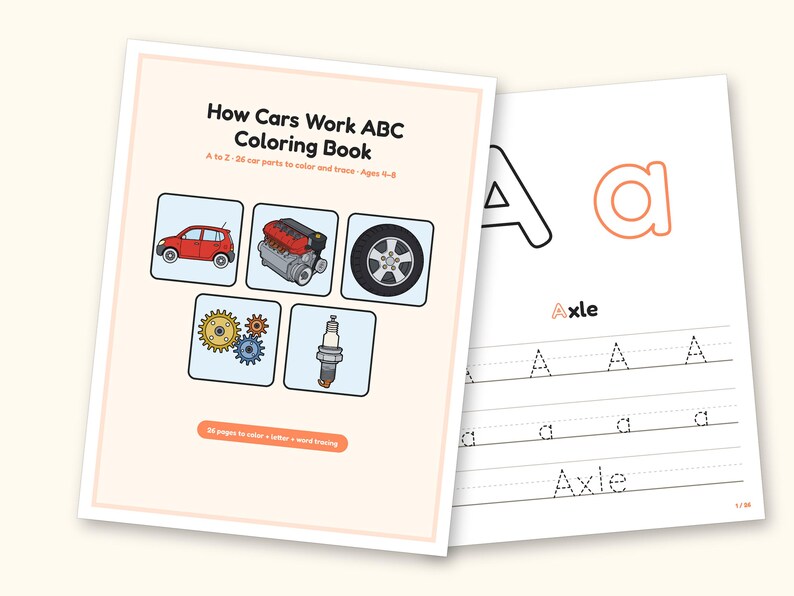 Car Coloring Pages | ABC Letter & Word Tracing for Kids Ages 4-8 (Digital PDF): cover and an inside page