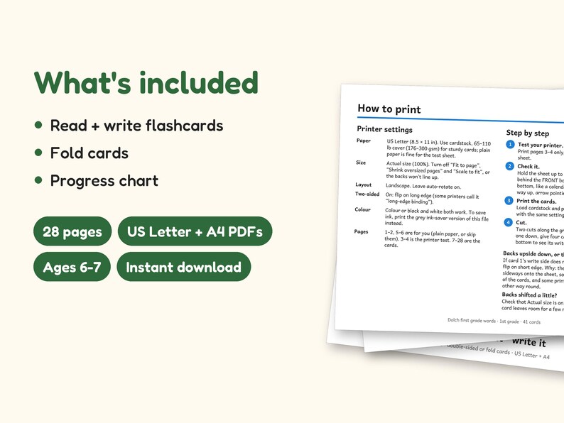 Sight Words | 1st Grade Dolch Flashcards for Ages 6-7 (Digital PDF): what's included -- 28 pages, US Letter + A4 PDFs, Ages 6-7, Instant download