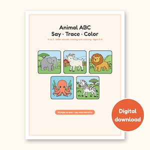 Animal Coloring Pages | ABC Letter Tracing for Kids Ages 5-6 (Digital PDF): cover of the printable PDF, a digital download
