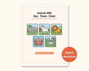 Animal Coloring Pages | ABC Letter Tracing for Kids Ages 5-6 (Digital PDF)