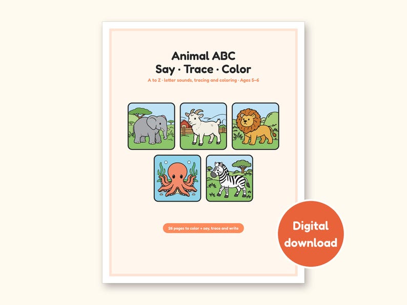 Animal Coloring Pages | ABC Letter Tracing for Kids Ages 5-6 (Digital PDF): cover of the printable PDF, a digital download