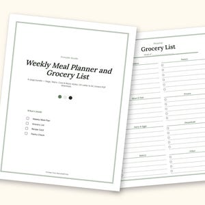 Meal Planner | Grocery List for Home Cooks (PDF + Excel): cover and an inside page