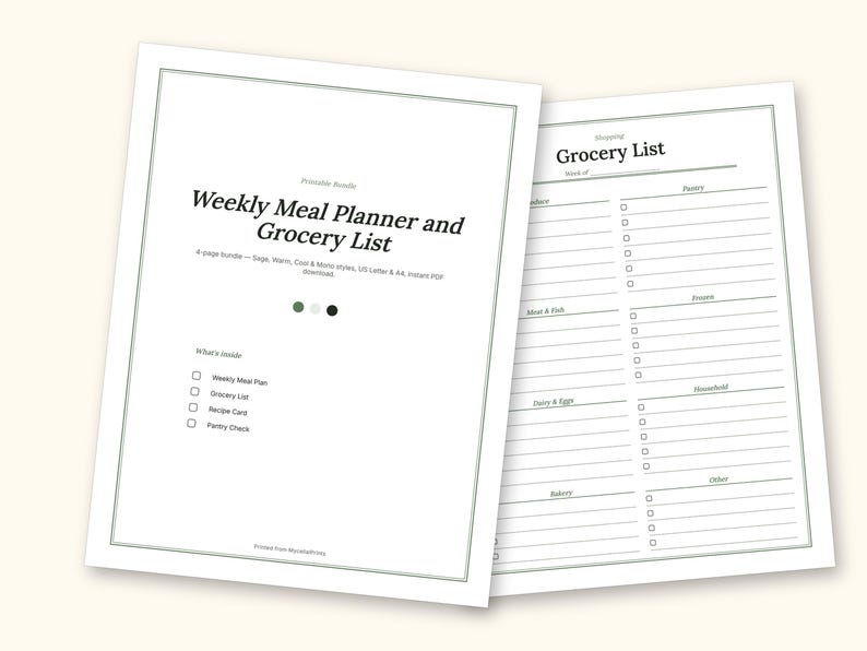 Meal Planner | Grocery List for Home Cooks (PDF + Excel): cover and an inside page