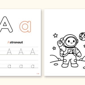 Space Coloring Pages | ABC Letter Tracing for Kids Ages 2-5 (Digital PDF): pages 3 and 4 side by side