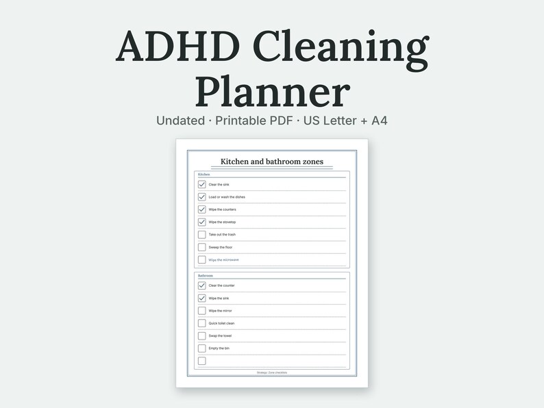 ADHD Cleaning Planner: the Kitchen and bathroom zones page filled in with sample entries, shown large on a plain background. Undated, Printable PDF, US Letter + A4.