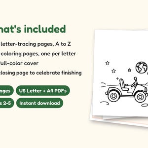 Space Coloring Pages | ABC Letter Tracing for Kids Ages 2-5 (Digital PDF): what's included -- 55 pages, US Letter + A4 PDFs, Ages 2-5, Instant download