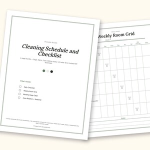 Cleaning Schedule | Daily Checklist and Weekly Room Grid (PDF + Excel): cover and an inside page