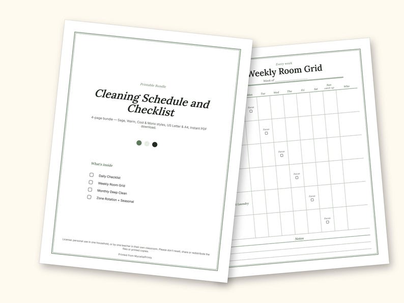 Cleaning Schedule | Daily Checklist and Weekly Room Grid (PDF + Excel): cover and an inside page