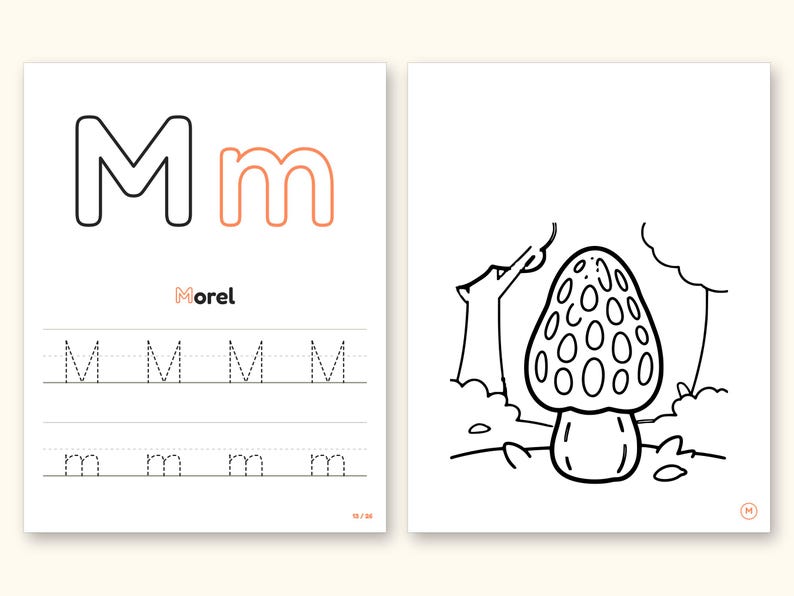 Mushroom Coloring Pages | ABC Letter Tracing for Kids Ages 2-5 (Digital PDF): pages 27 and 28 side by side