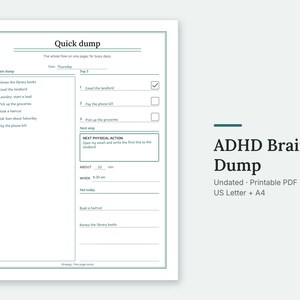 The Quick dump page of the ADHD Brain Dump, filled in with sample entries.