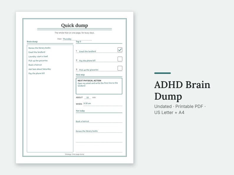 The Quick dump page of the ADHD Brain Dump, filled in with sample entries.