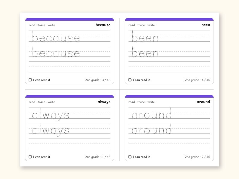 Sight Words | 2nd Grade Dolch Flashcards for Ages 7-8 (Digital PDF): Preview 2: write sides