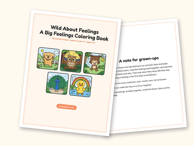 Animal Coloring Pages | 25 Feelings Pictures for Kids Ages 4-8 (Digital PDF): cover and an inside page
