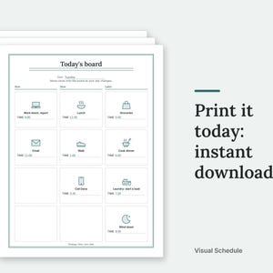 A short stack of Visual Schedule pages, filled in with sample entries, laid out as printed sheets on a plain background. Print it today: instant download.