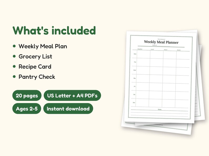 Meal Planner | Grocery List for Home Cooks (PDF + Excel): what's included -- 20 pages, US Letter + A4 PDFs, Ages 2-5, Instant download