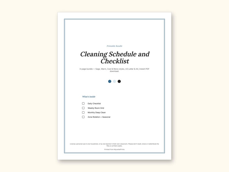 Cleaning Schedule | Daily Checklist and Weekly Room Grid (PDF + Excel): sample page 11 of 20