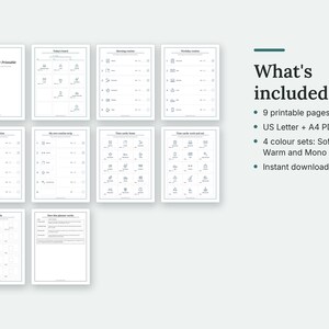 What's included in the Visual Schedule: thumbnails of every page. 9 printable pages; US Letter + A4 PDFs; 4 colour sets: Soft, Sage, Warm and Mono; Instant download.