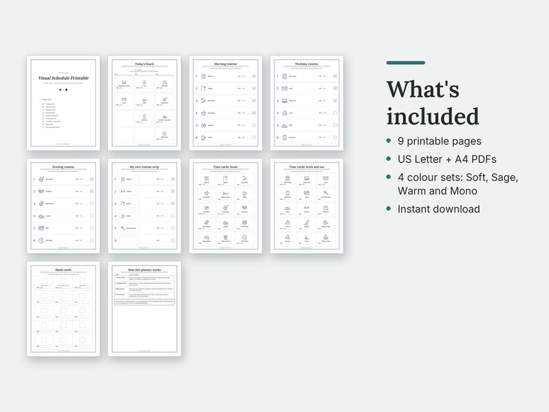 What's included in the Visual Schedule: thumbnails of every page. 9 printable pages; US Letter + A4 PDFs; 4 colour sets: Soft, Sage, Warm and Mono; Instant download.