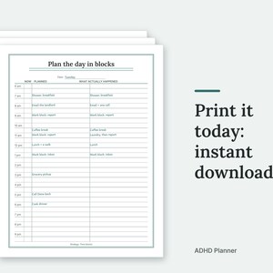 A short stack of ADHD Planner pages, filled in with sample entries, laid out as printed sheets on a plain background. Print it today: instant download.