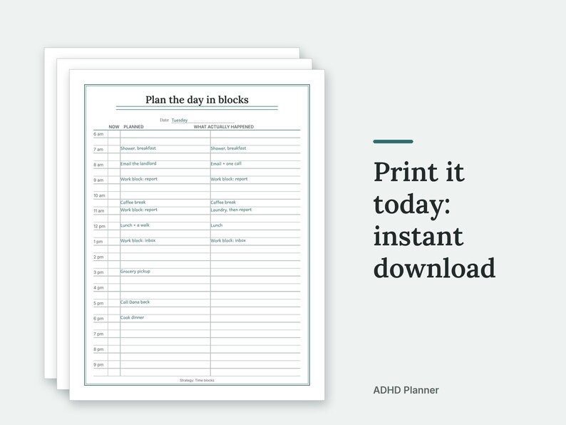 A short stack of ADHD Planner pages, filled in with sample entries, laid out as printed sheets on a plain background. Print it today: instant download.