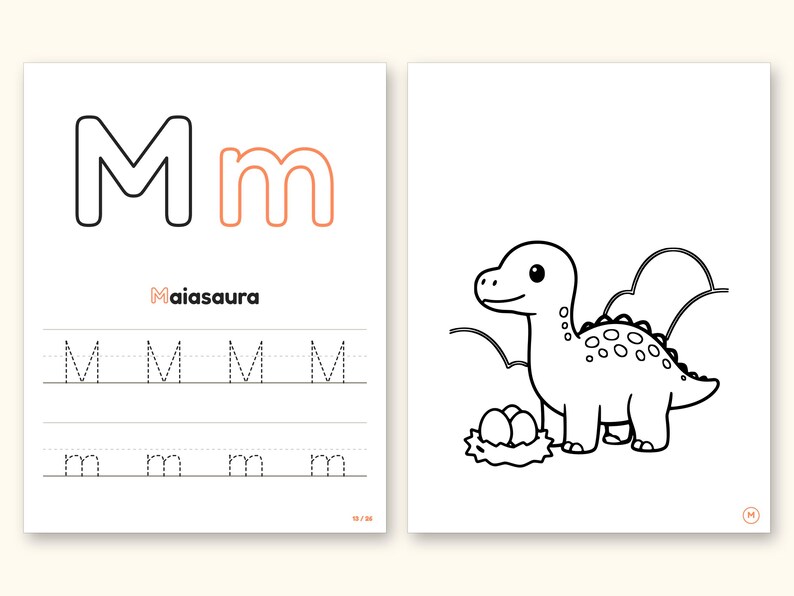 Dinosaur ABC Coloring Book, Letter Tracing, Ages 2-5 (Digital PDF): pages 27 and 28 side by side